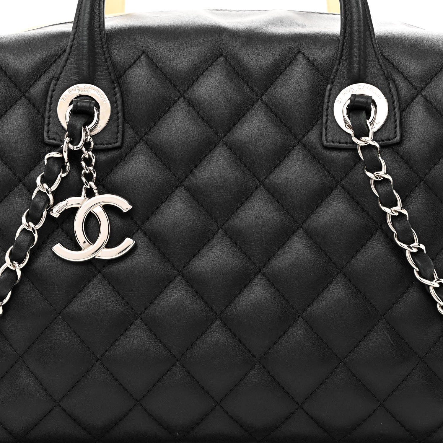 Chanel Calfskin Quilted Large Feather Weight Bowling Bag Black Ivory 16 of 26