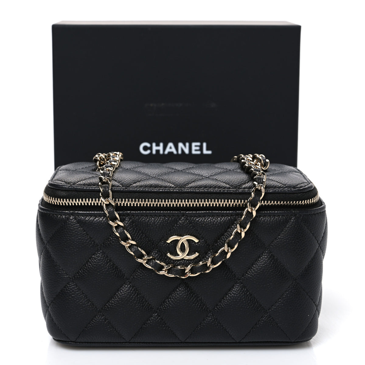 Caviar Quilted Small Tiny CC Vanity Case With Chain  Black