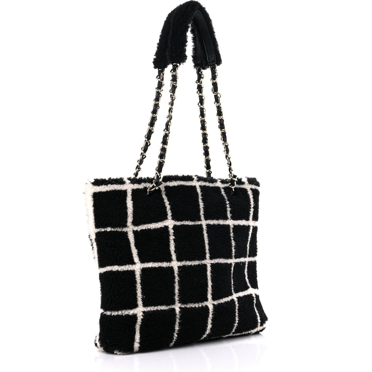 Shearling Lambskin Fluffy Tartan Shopping Bag Black White