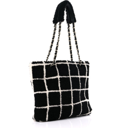 Chanel Shearling Lambskin Fluffy Tartan Shopping Bag Black White 3 of 12