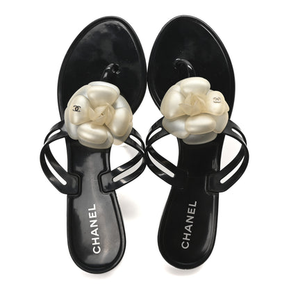 Chanel Jelly Camellia Thong Sandals 41 Black Ivory 2 of 8