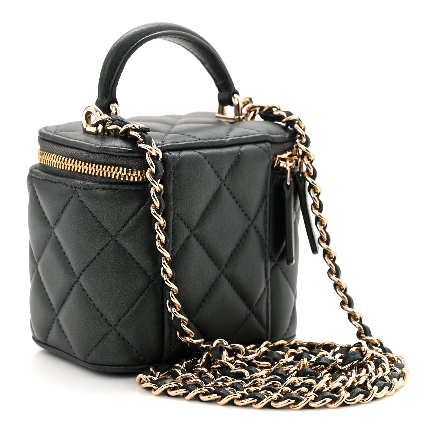 Chanel Iridescent Lambskin Quilted Mini Top Handle Vanity Case With Chain Dark Green 3 of 10