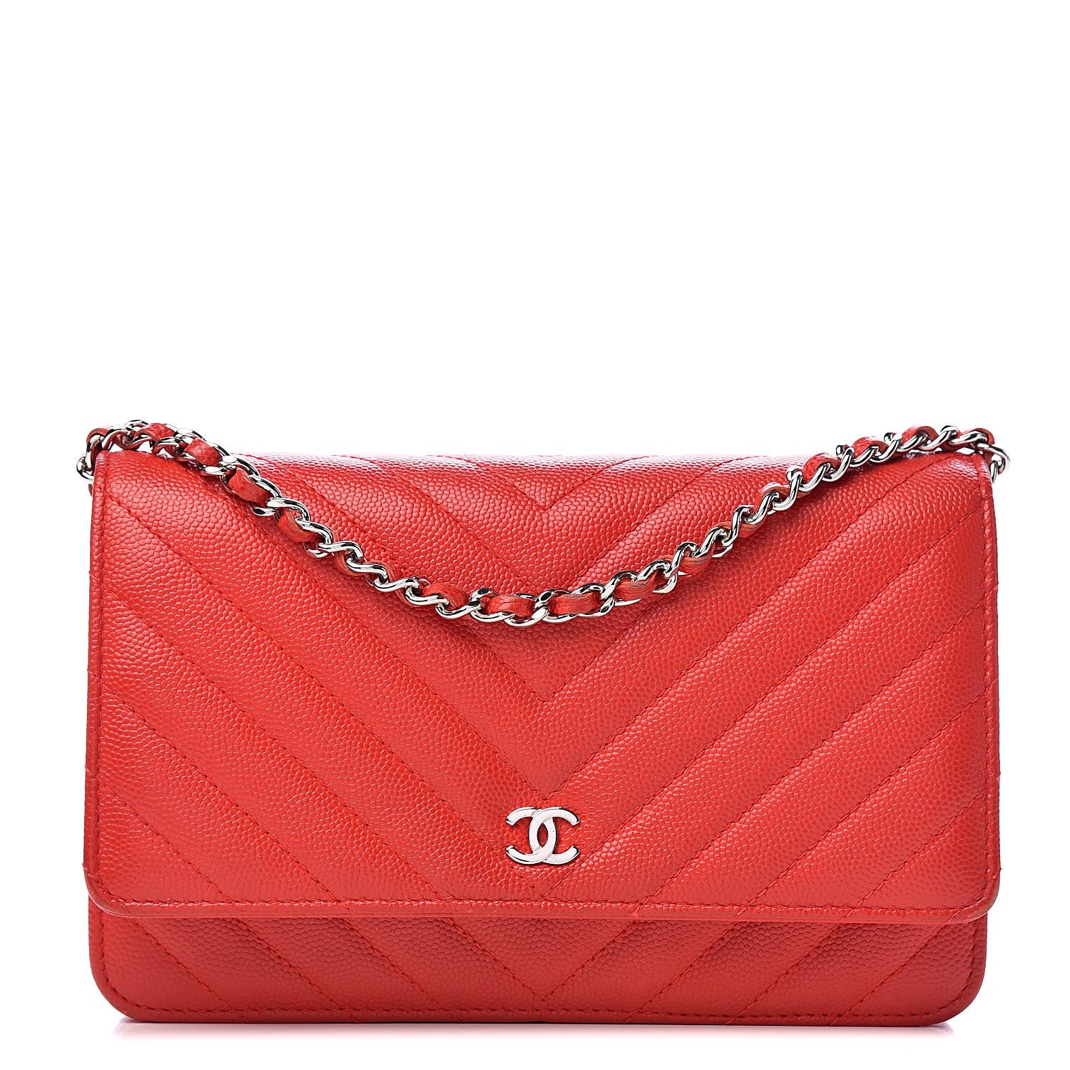 Chanel Caviar Chevron Quilted Wallet On Chain WOC Red 1 of 18