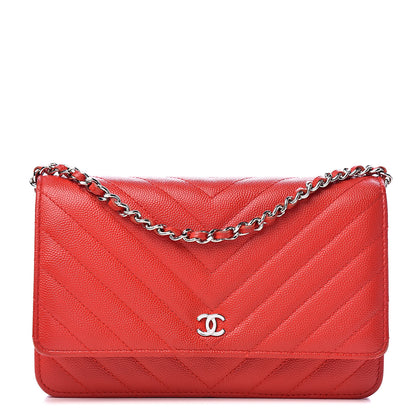 Chanel Caviar Chevron Quilted Wallet On Chain WOC Red 1 of 18