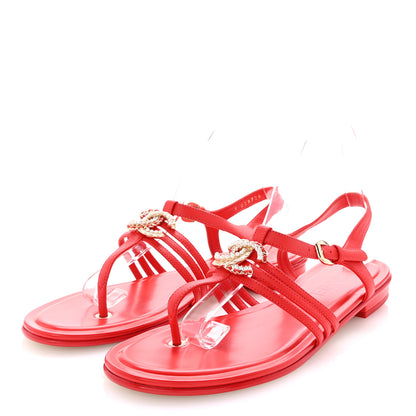 Chanel Lambskin Pearl Crystal CC Thong Sandals 38.5 Red 4 of 10