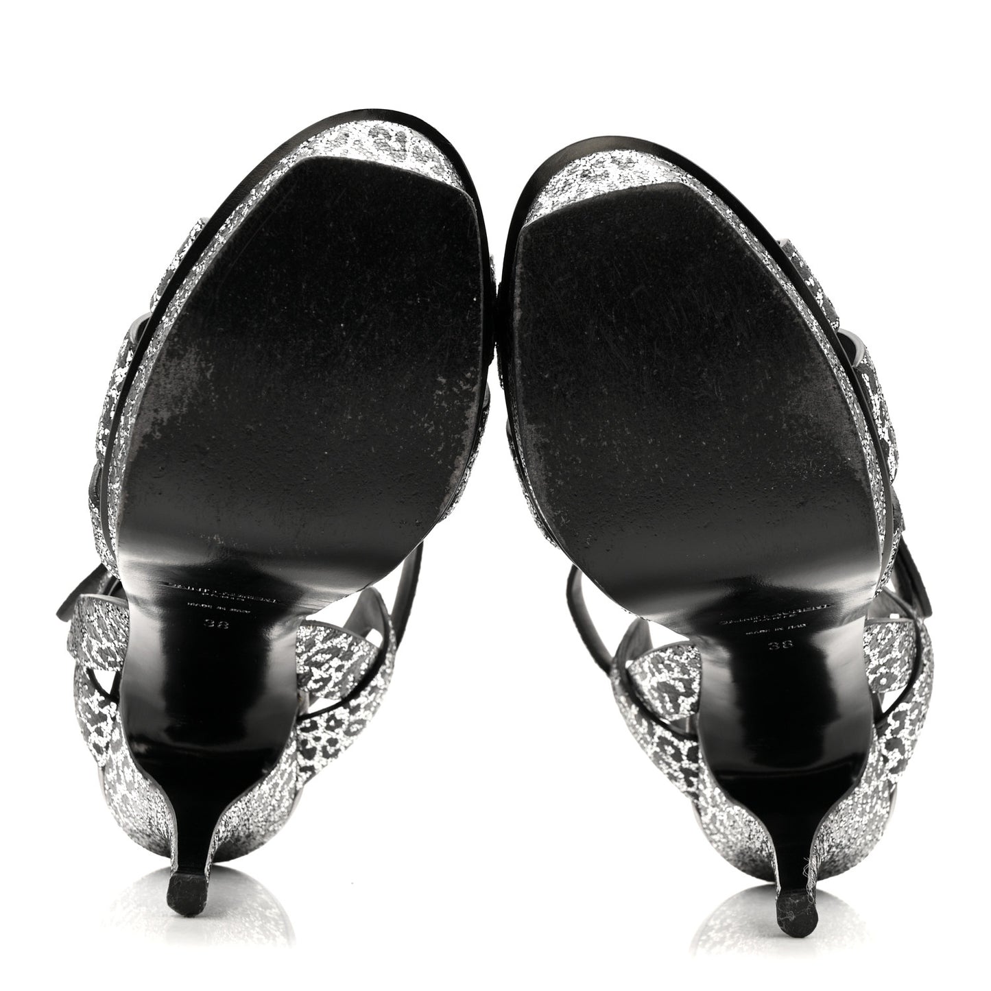 Metallic Calfskin Leopard Print Tribute 105 Platform Sandals 38  Black Silver