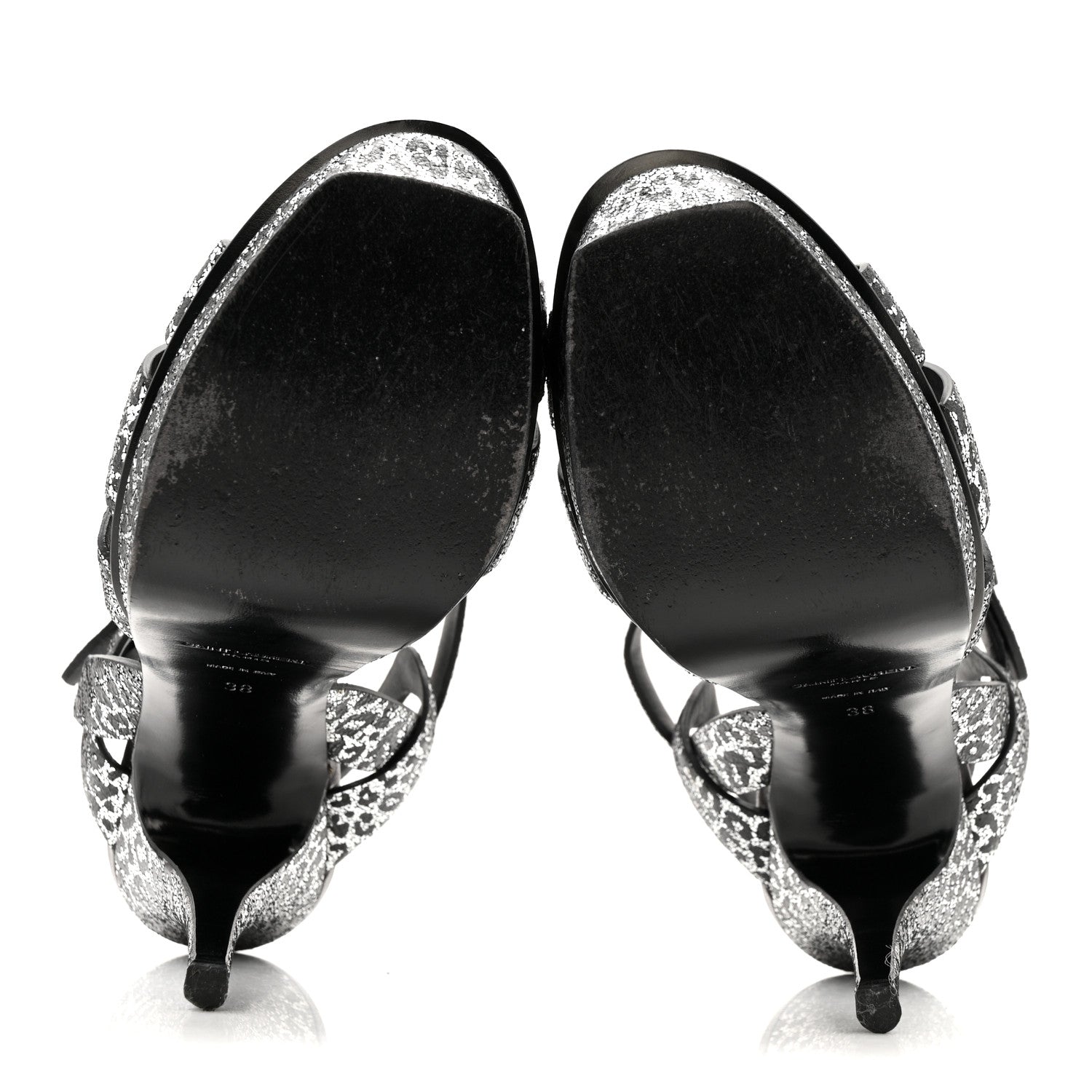 Saint Laurent Metallic Calfskin Leopard Print Tribute 105 Platform Sandals 38  Black Silver 6 of 12
