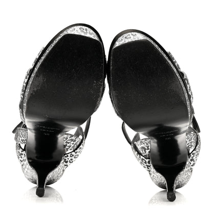 Saint Laurent Metallic Calfskin Leopard Print Tribute 105 Platform Sandals 38  Black Silver 6 of 12