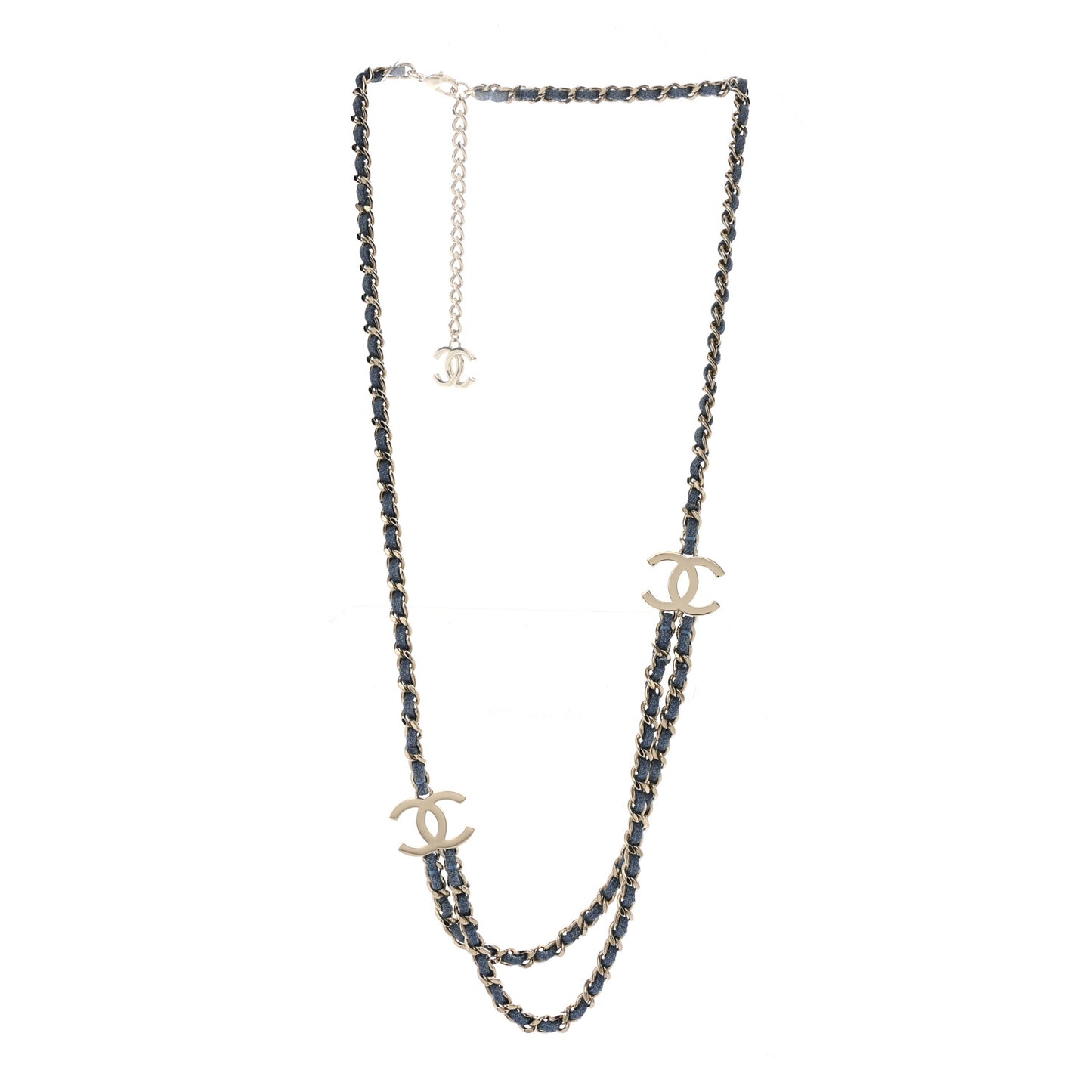 Metal Denim CC Double Chain Long Necklace Blue Gold