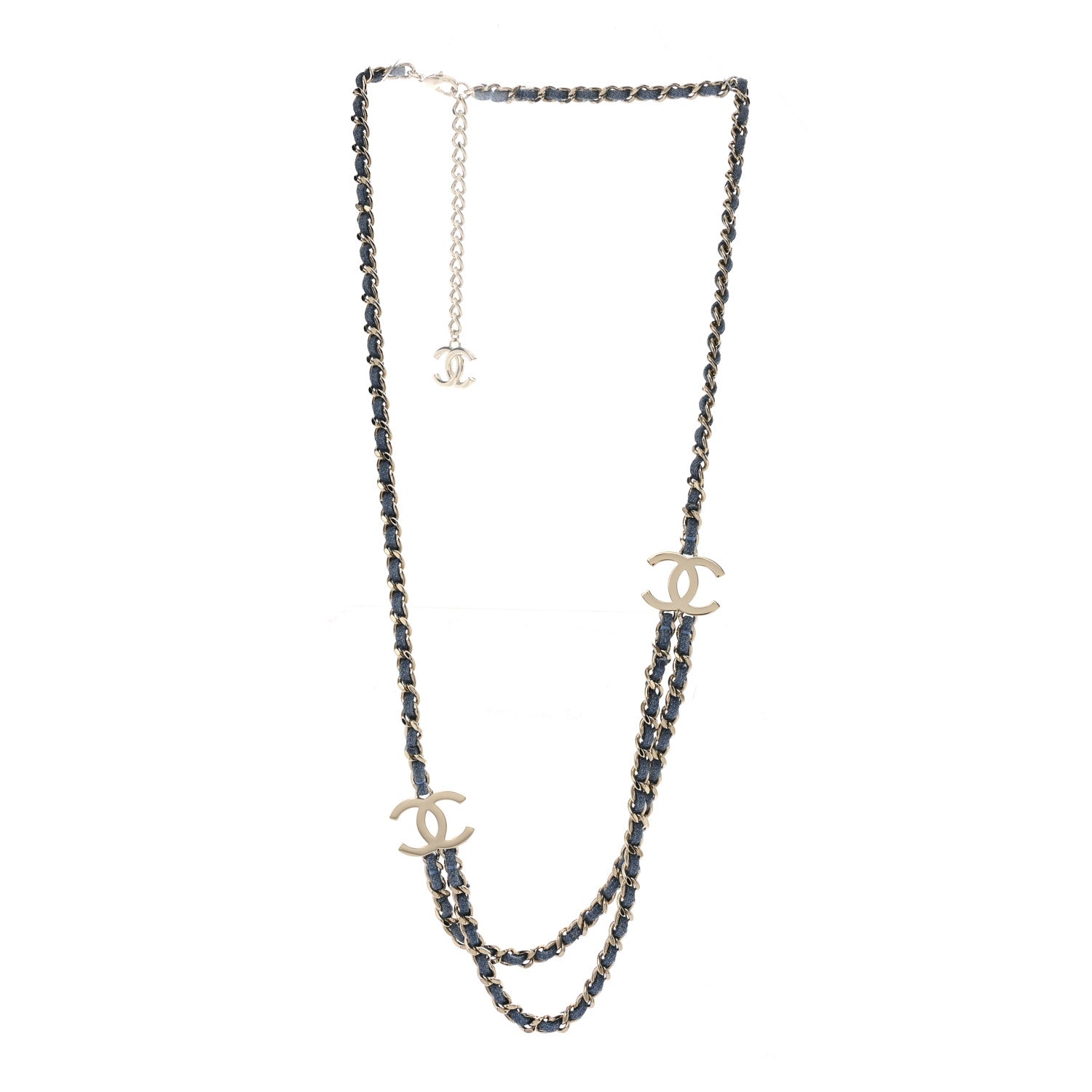 Chanel Metal Denim CC Double Chain Long Necklace Blue Gold 3 of 7