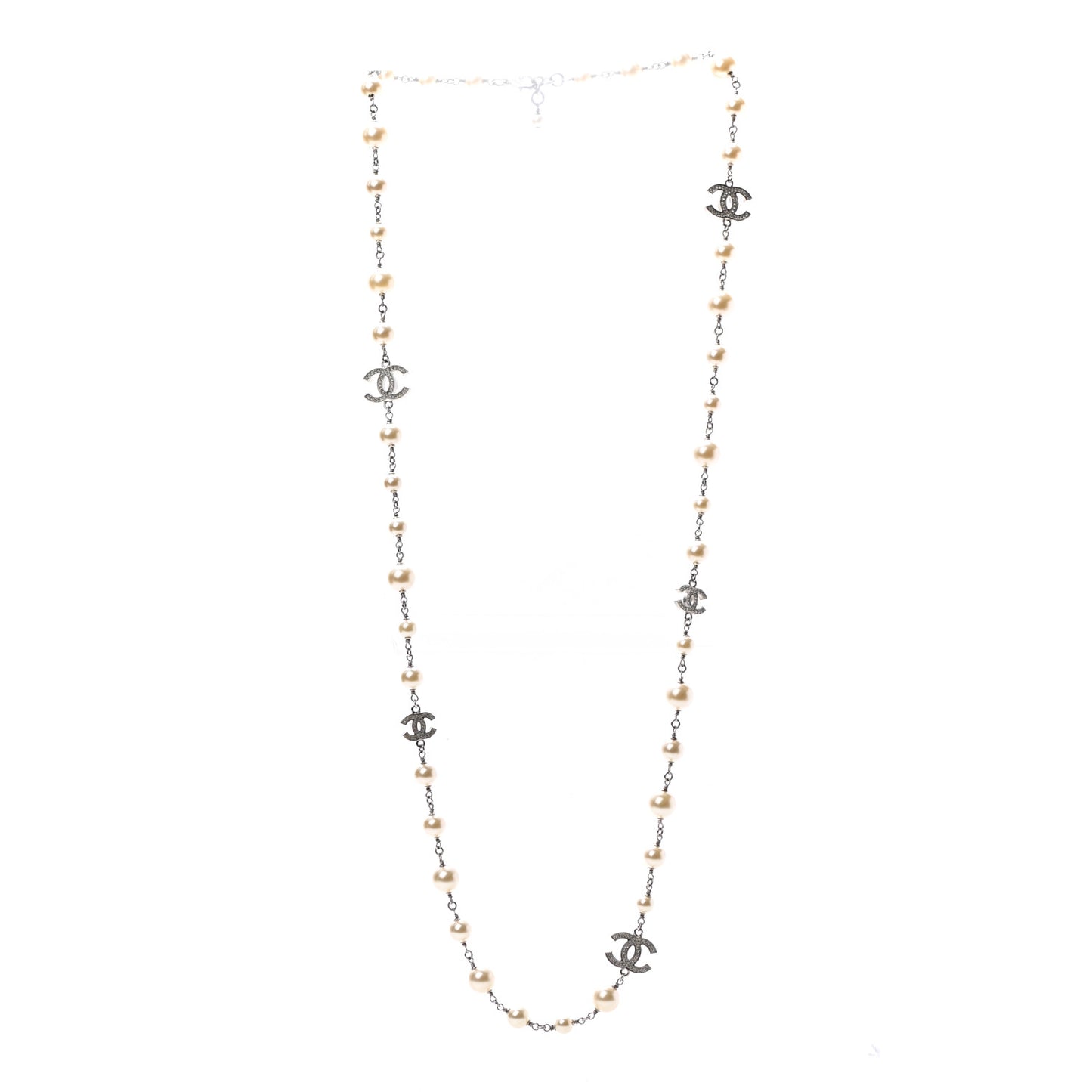 Crystal Pearl CC Long Necklace Silver