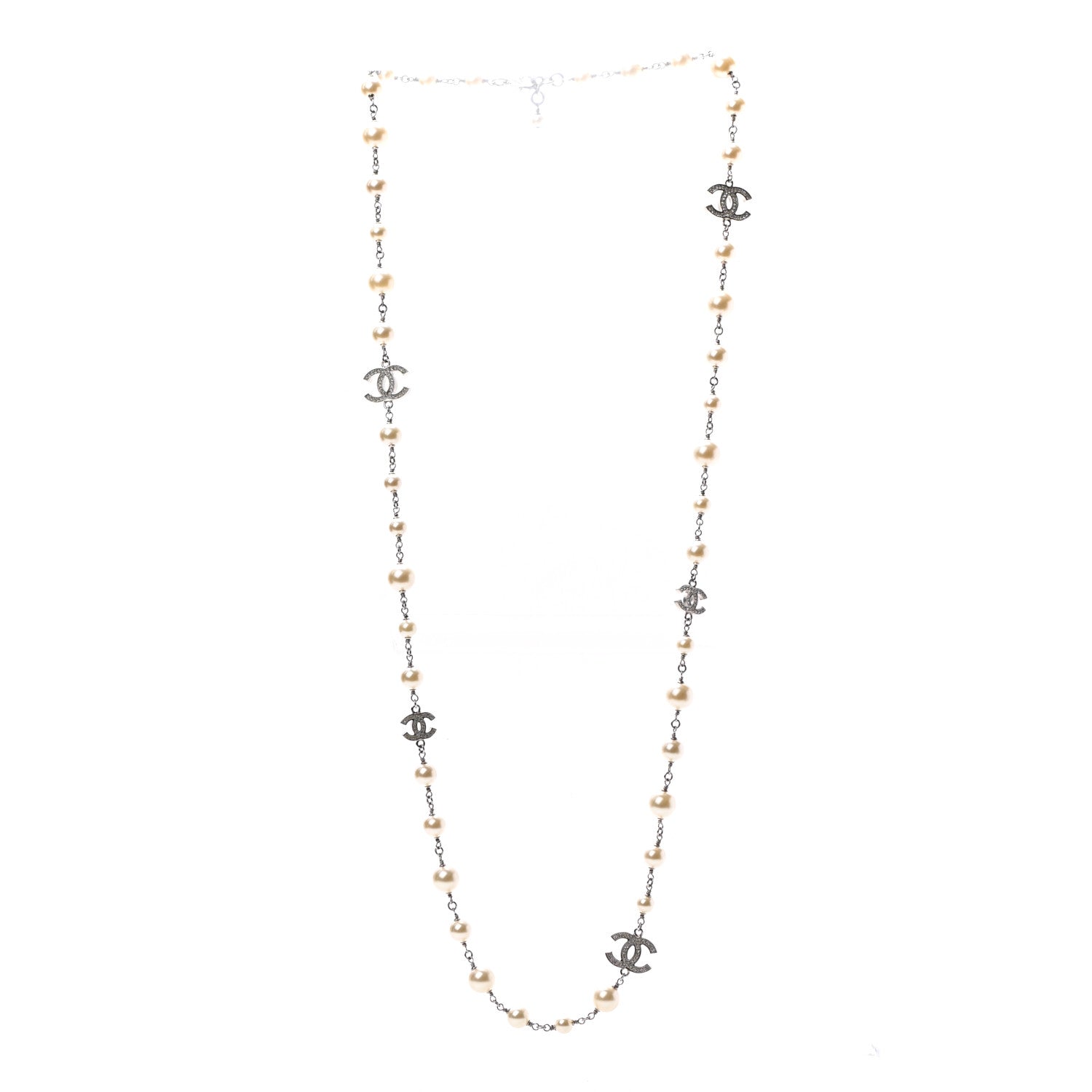 Chanel Crystal Pearl CC Long Necklace Silver 3 of 5
