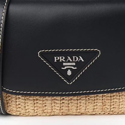 Prada Raffia Vitello Flap Shoulder Bag Naturale Black 8 of 8