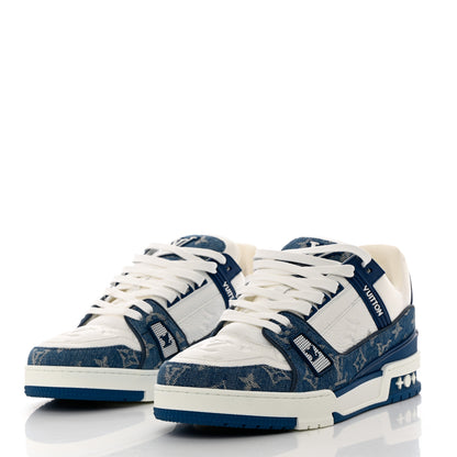 Louis Vuitton Calfskin Embossed Monogram Denim Mens LV Trainer Sneakers 8.5Blue 3 of 8