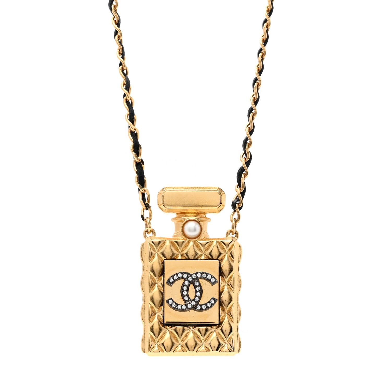 Crystal Pearl Perfume Bottle CC Necklace Black Gold