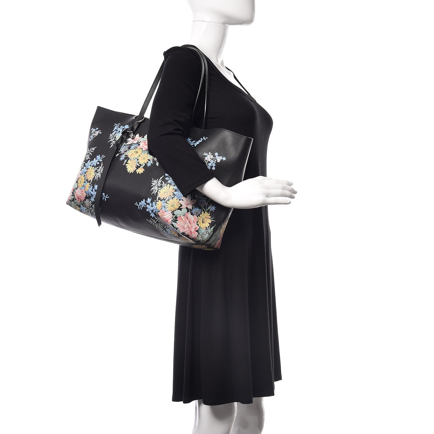Alexander McQueen Grained Calfskin Floral Skull Open Shopper Tote Black Multicolor 2 of 16