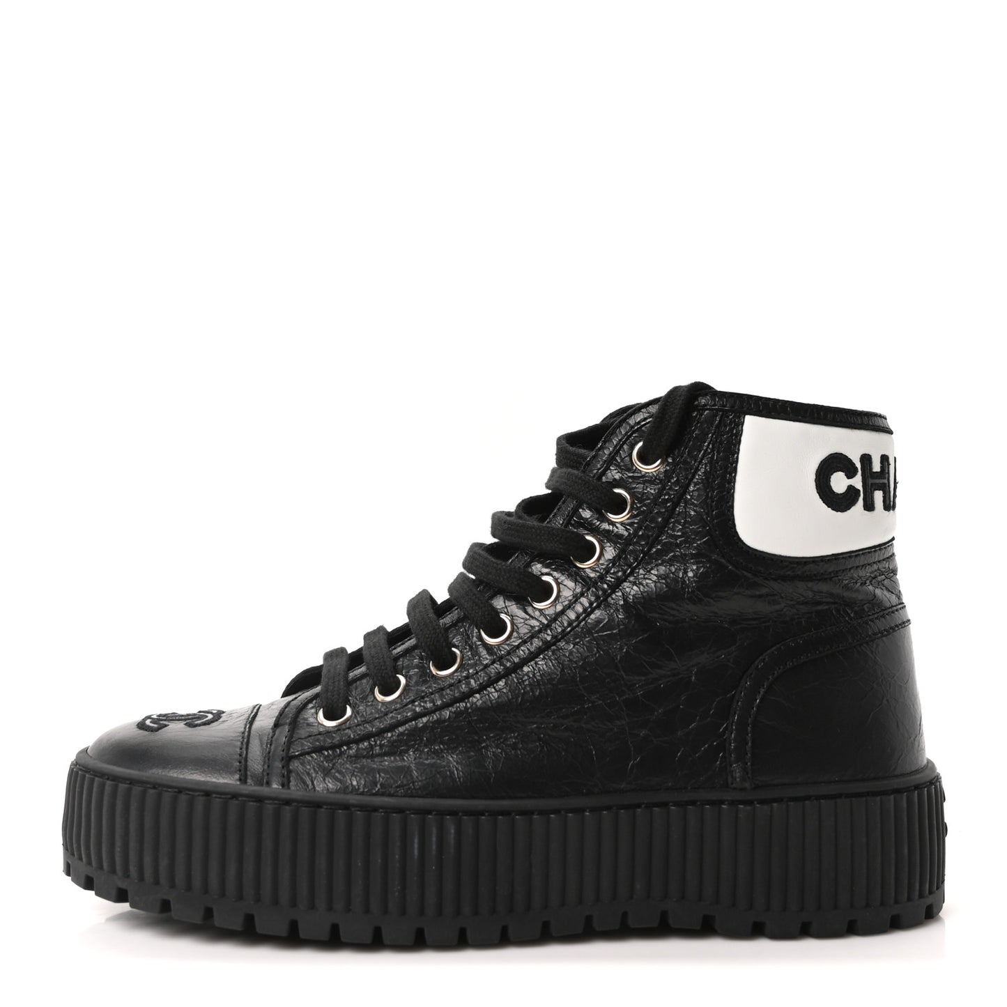 Aged Calfskin Lace Up Cap Toe Sneakers 36 Black White