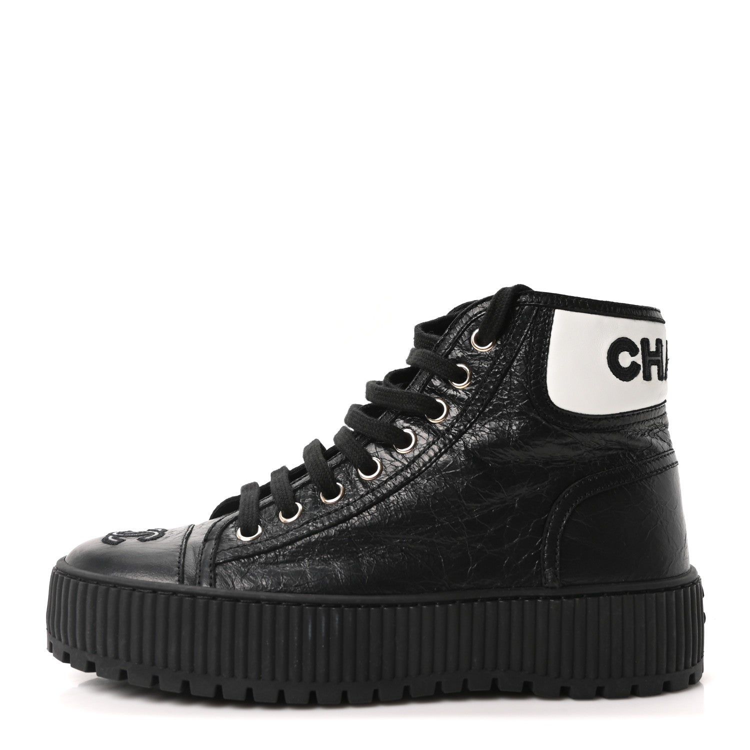 Chanel Aged Calfskin Lace Up Cap Toe Sneakers 36 Black White 1 of 9