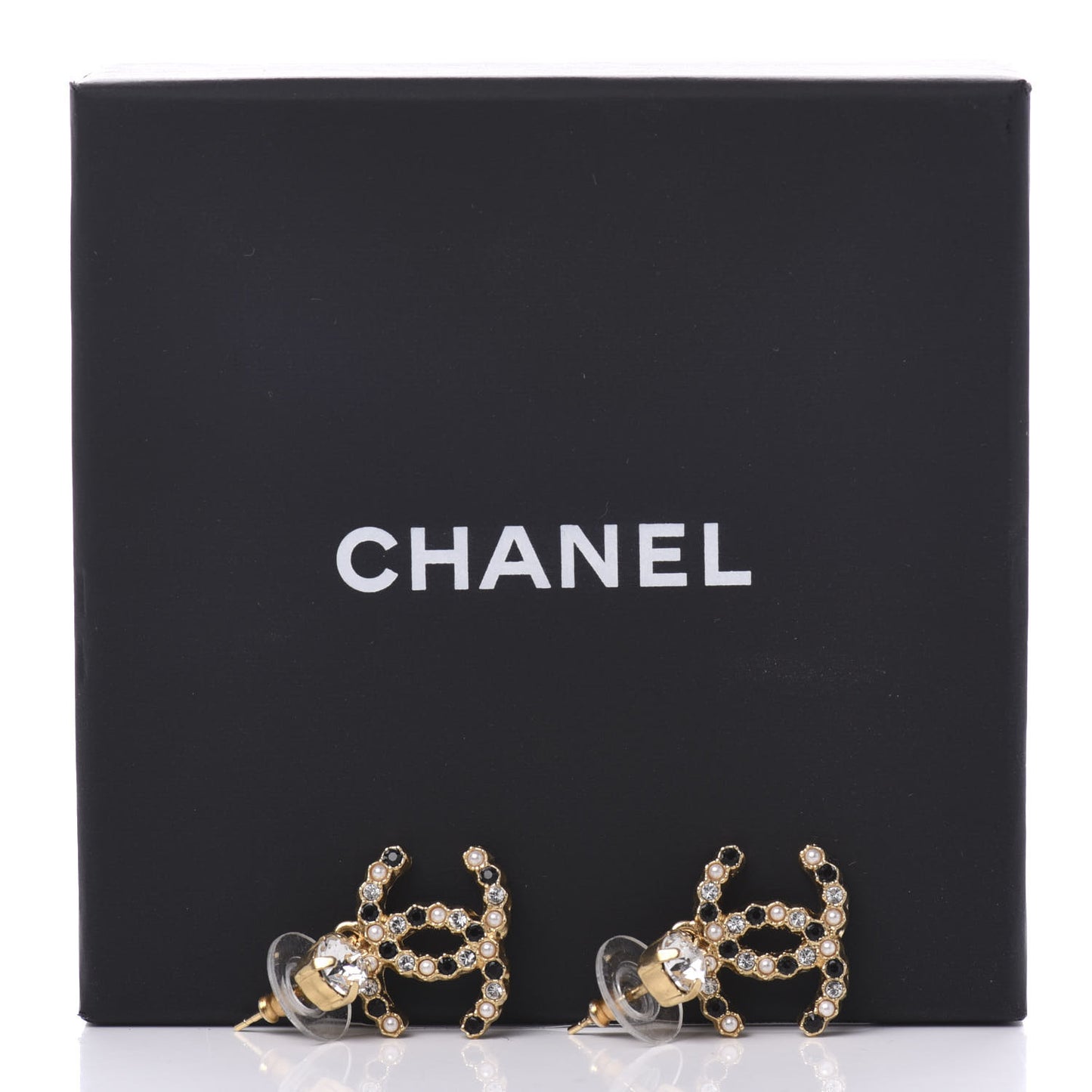 Resin Crystal Pearl CC Drop Earrings Gold Black