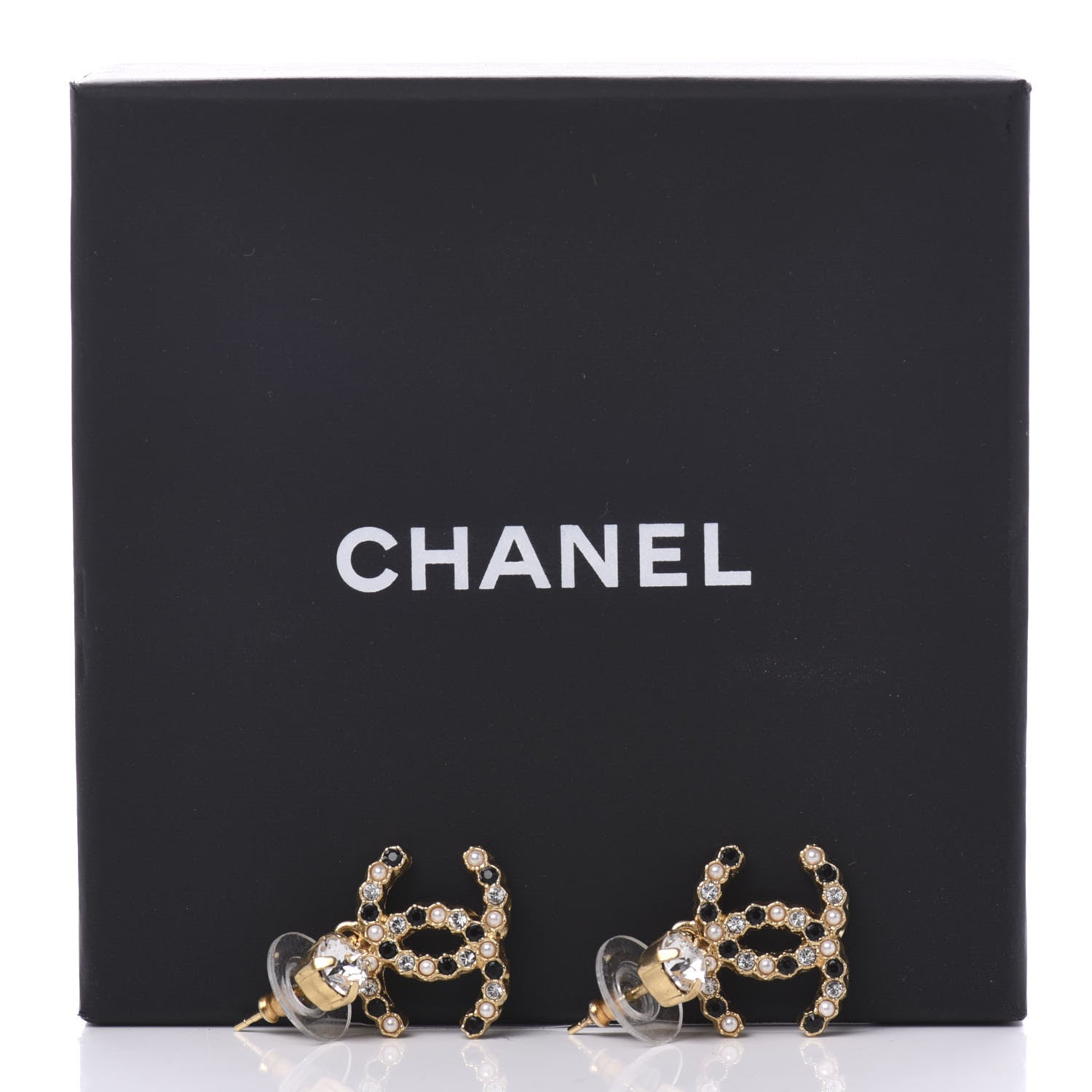 Chanel Resin Crystal Pearl CC Drop Earrings Gold Black 5 of 5