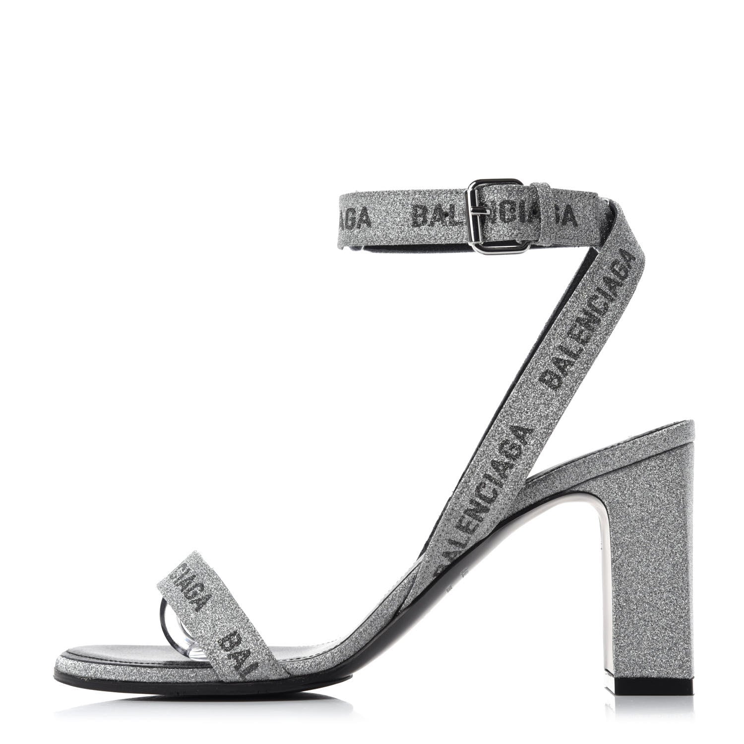 Balenciaga Glitter Allover Logo Ankle Strap Round Heel 80mm Sandals 37 Silver Black 1 of 9