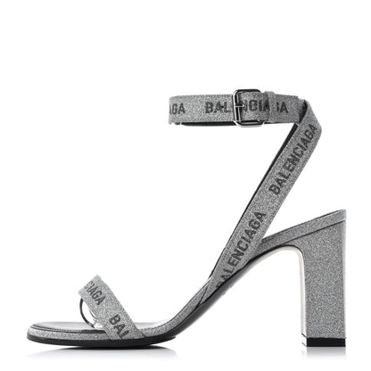 Balenciaga Glitter Allover Logo Ankle Strap Round Heel 80mm Sandals 37 Silver Black 1 of 9