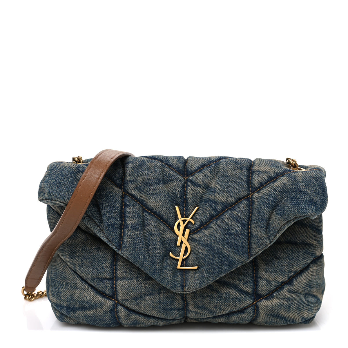 Denim Quilted Toy Loulou Puffer Monogram Chain Satchel Blue Cinnamon