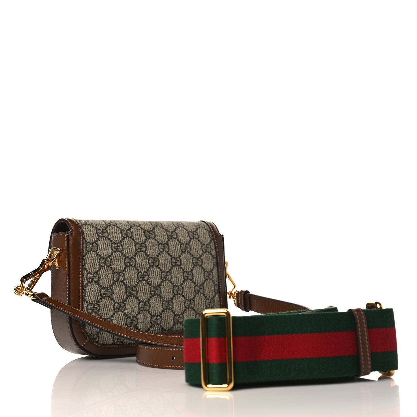 GG Supreme Monogram Web Mini Horsebit 1955 Shoulder Bag Beige Brown Sugar