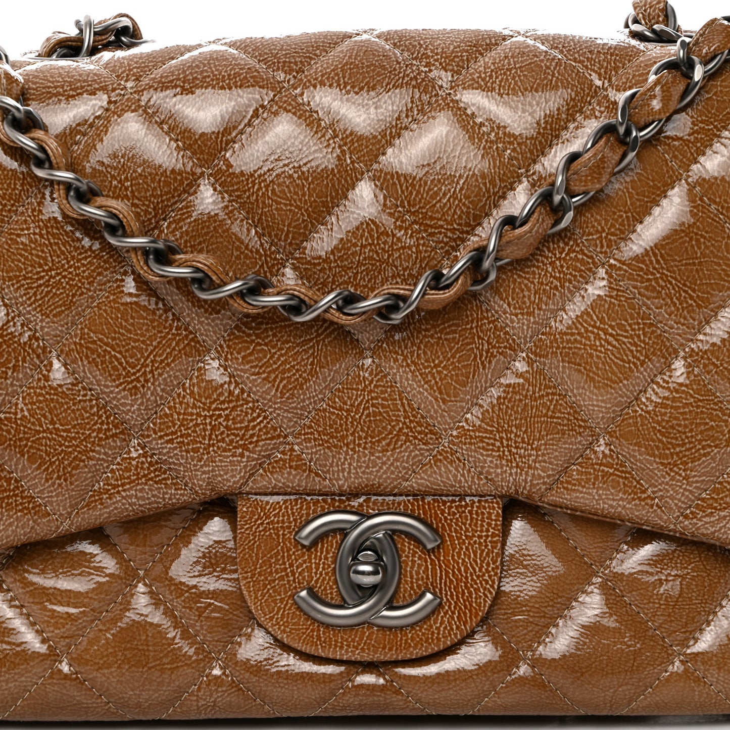 Crinkled Patent Quilted Jumbo Single Flap Camel Beige