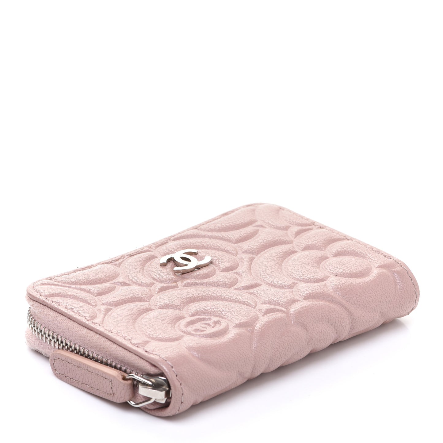 Goatskin Camellia Embossed Zip Coin Purse Light Pink