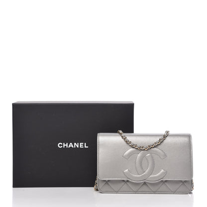 Chanel Metallic Goatskin Quilted Timeless CC Wallet On Chain WOC Silver 12 of 12