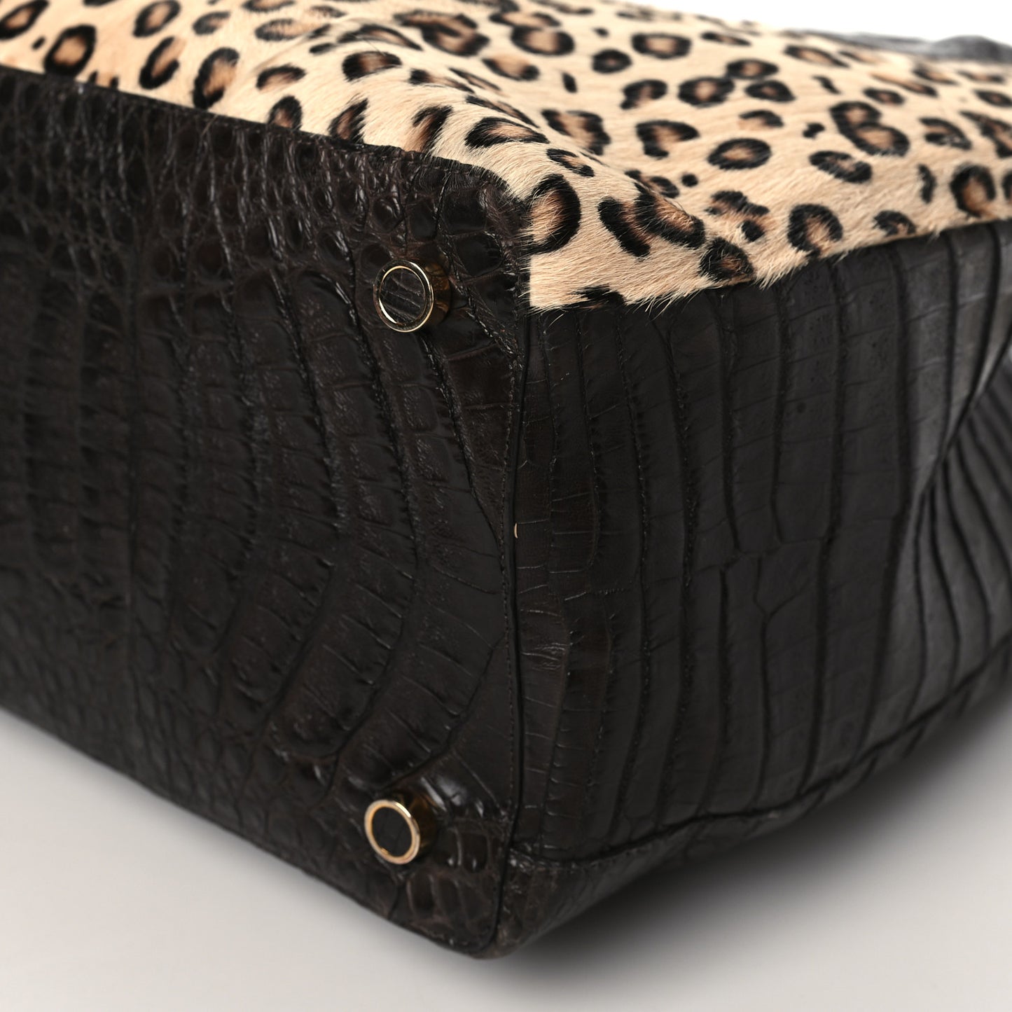 Crocodile Calf Hair Leopard Print Satchel Dark Brown