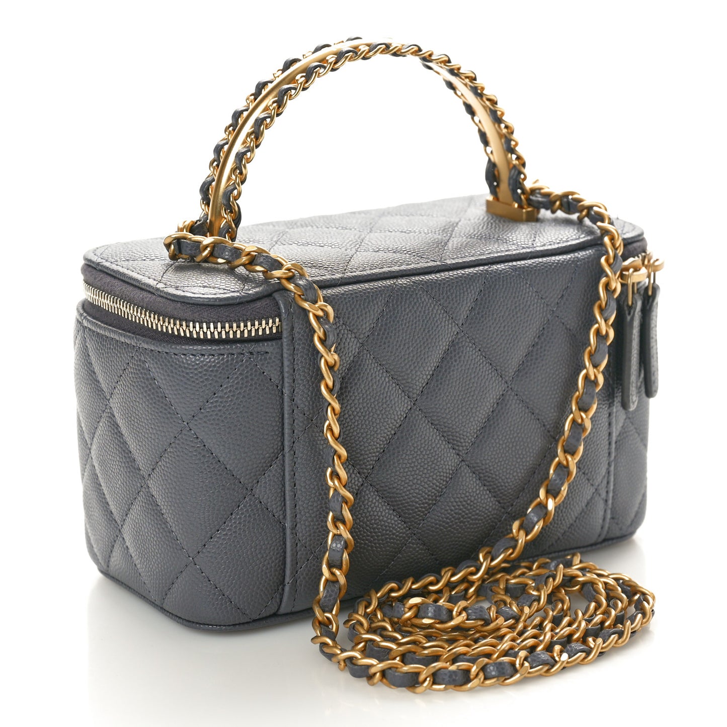 Caviar Quilted Chanel Way Top Handle Vanity Case With Chain Grey