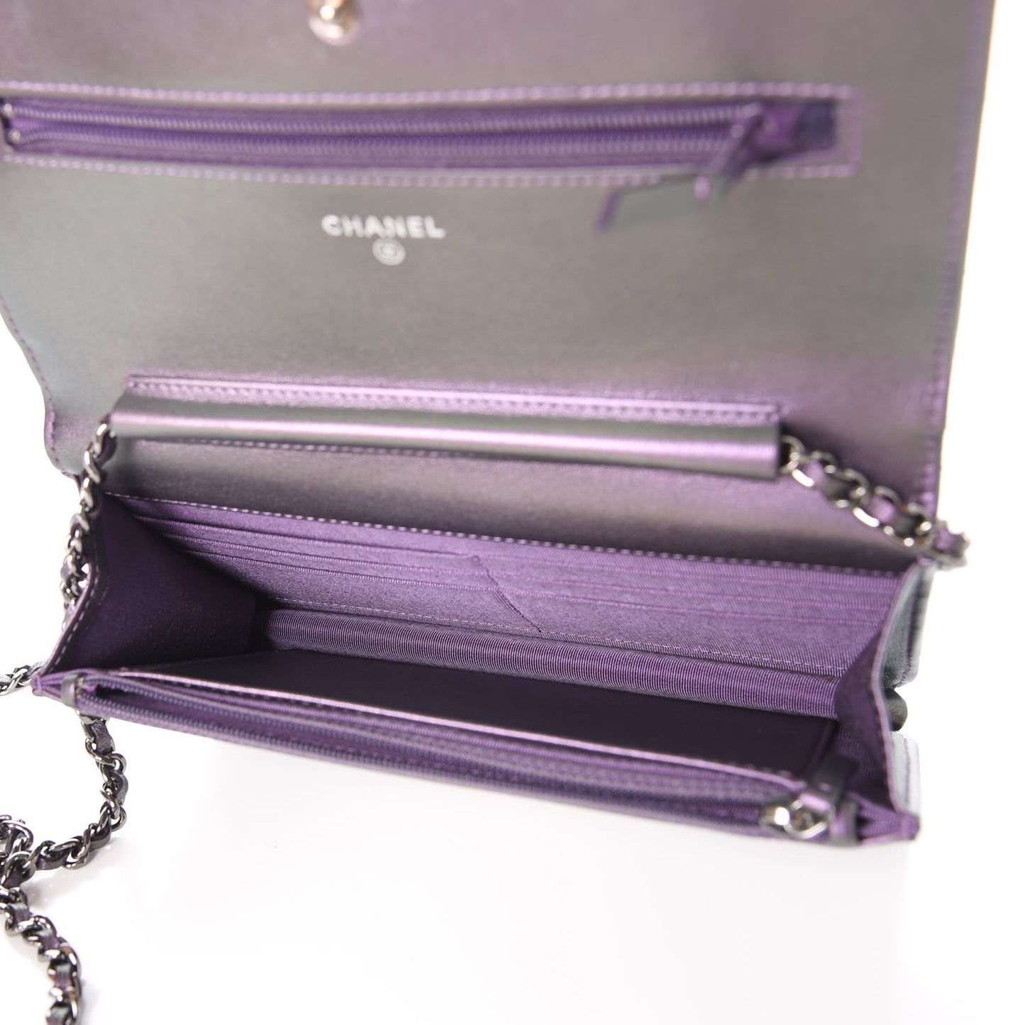 Iridescent Lambskin Quilted Wallet On Chain WOC Dark Purple