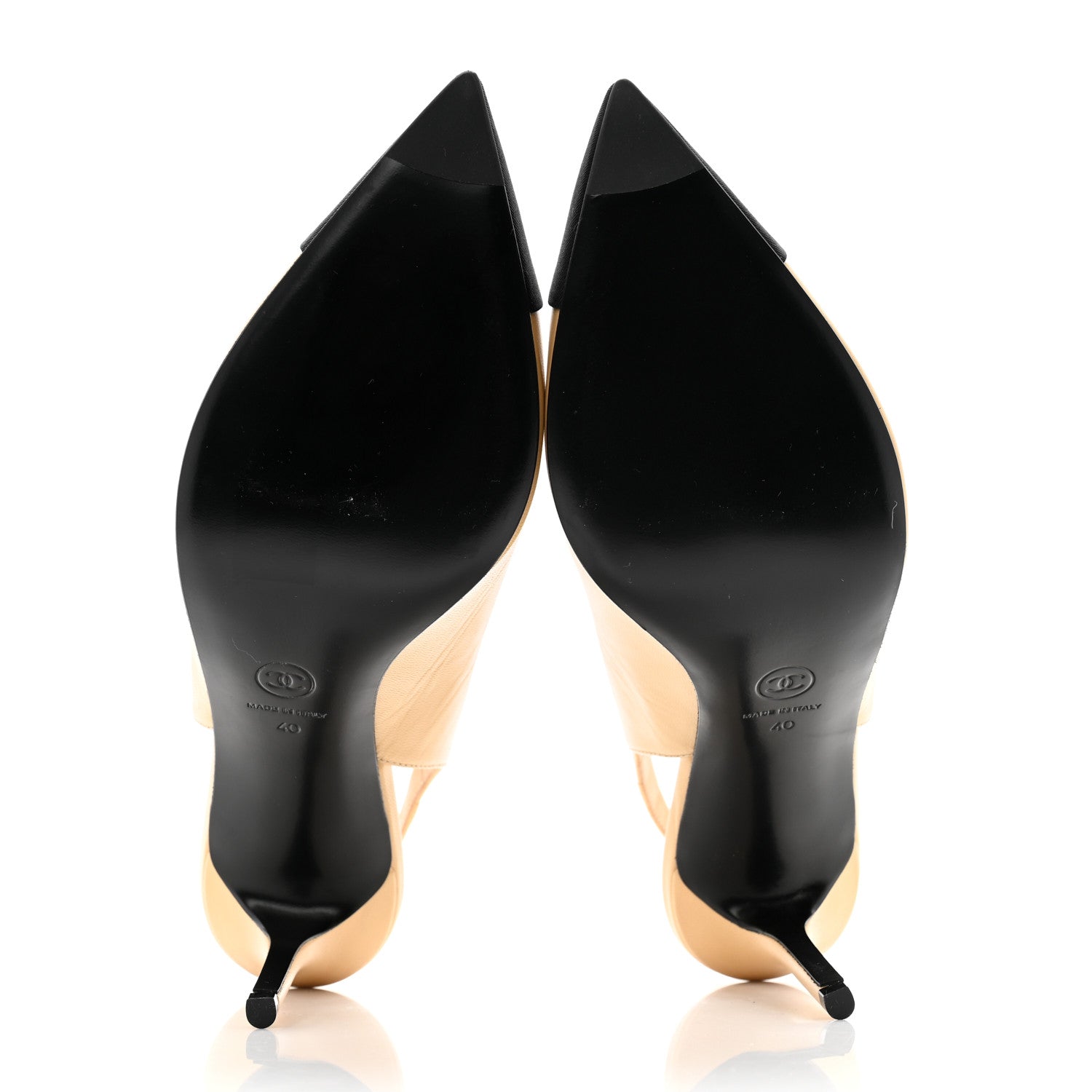 Chanel Goatskin Grosgrain Pointed Cap Toe CC Slingback Pumps 40 Beige Black 5 of 12