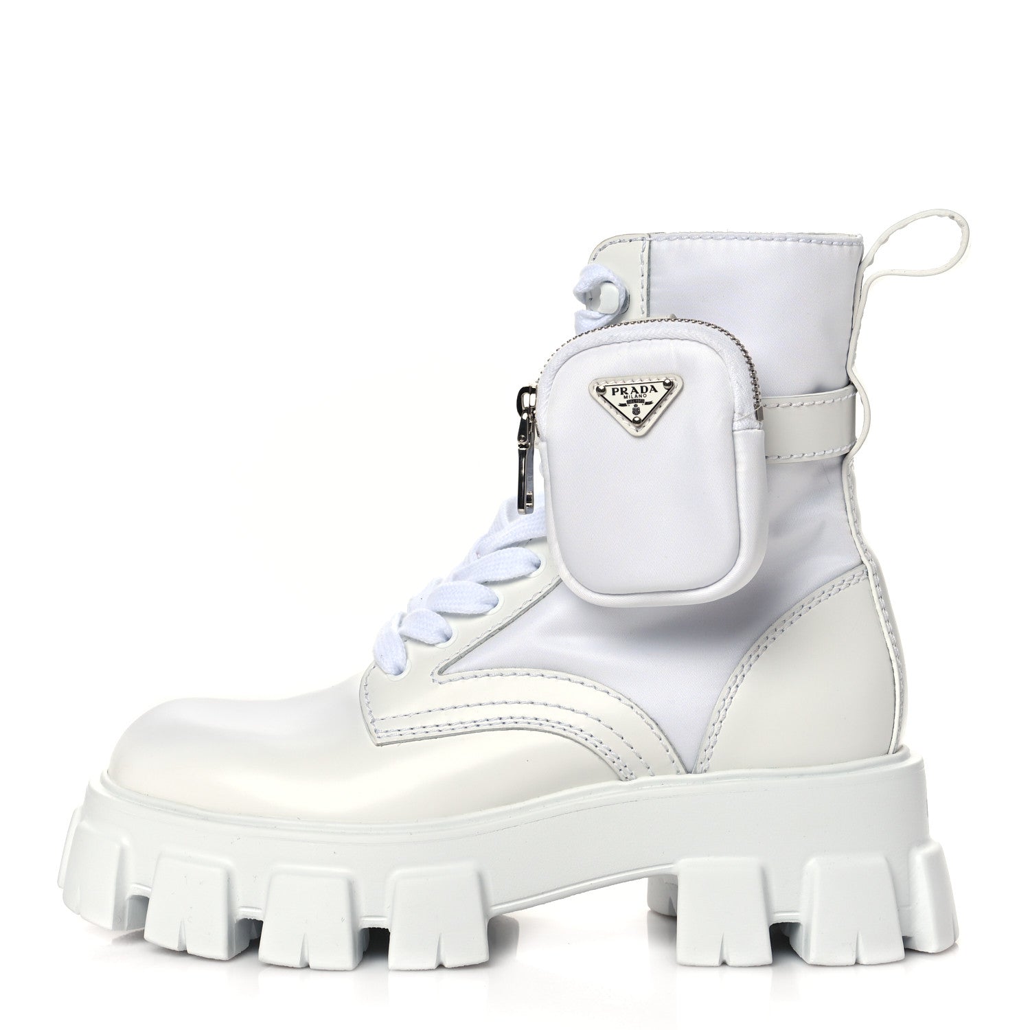 Prada Spazzolato Rois Re-Nylon Metal Triangle Logo Mens Monolith Pouch Pocket 60mm Combat Boots 6 White 1 of 9
