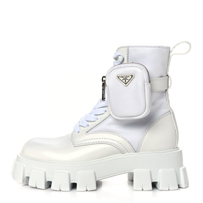 Prada Spazzolato Rois Re-Nylon Metal Triangle Logo Mens Monolith Pouch Pocket 60mm Combat Boots 6 White 1 of 9