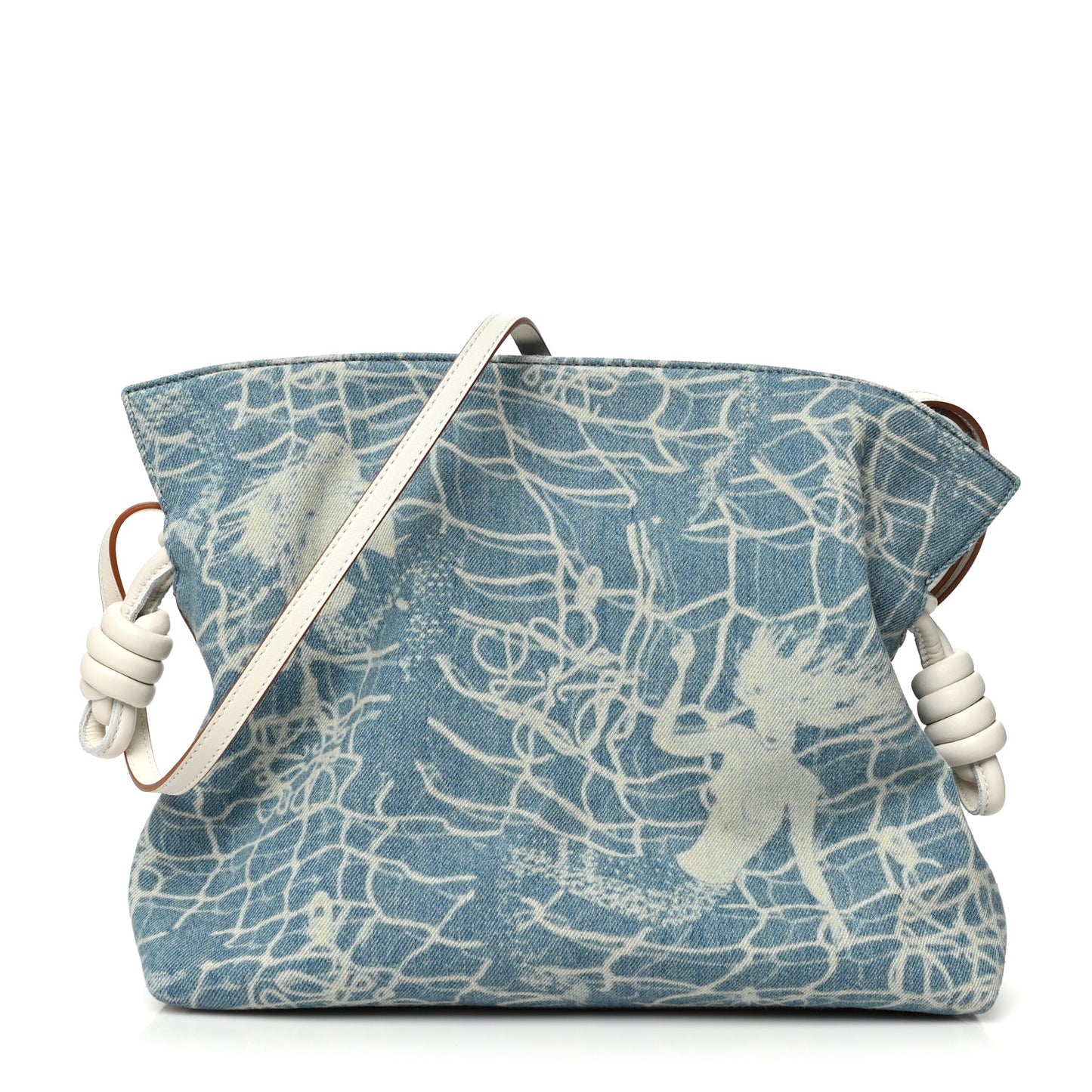 Denim Calfskin Mermaid Print Paula's Ibiza Flamenco Knot Bag Blue Tan
