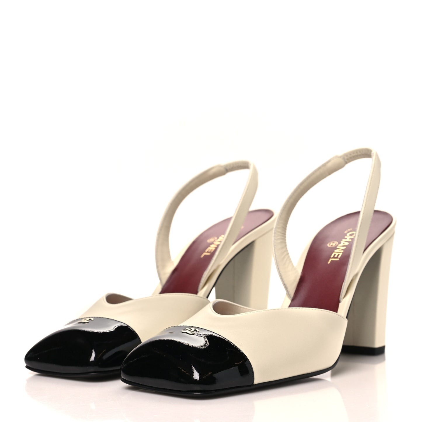 Lambskin Patent Calfskin Cap Toe CC Slingback Pumps 40 Ivory Black