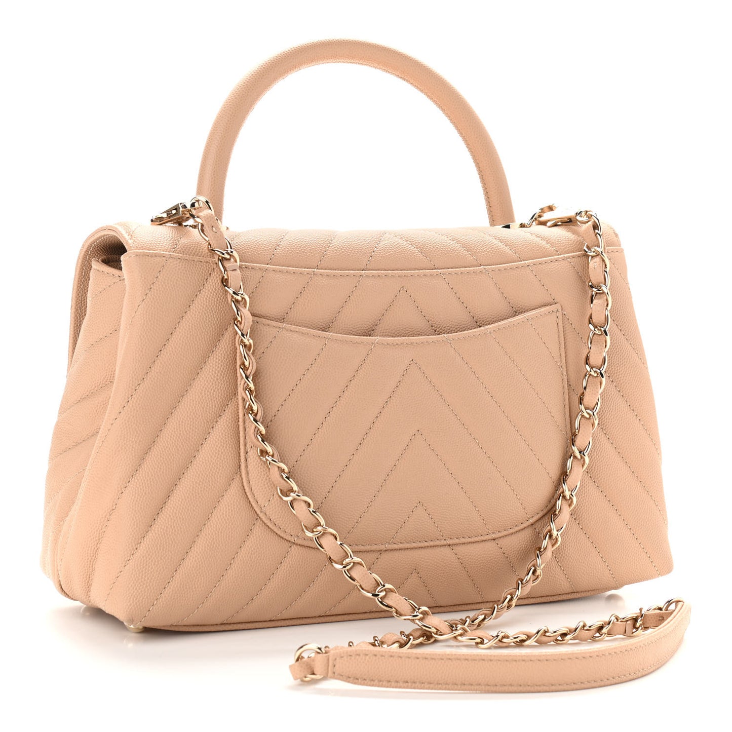 Caviar Chevron Quilted Small Coco Handle Flap Beige