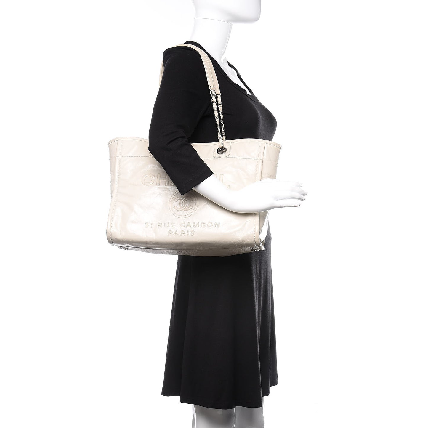 Glazed Calfskin Small Deauville Tote Ecru