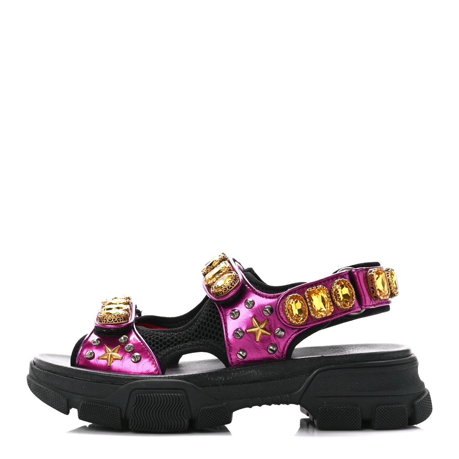 Gucci Nappa Mesh Crystal Embellished Studded Womens Aguru Sandals 38 Pink Black 1 of 10