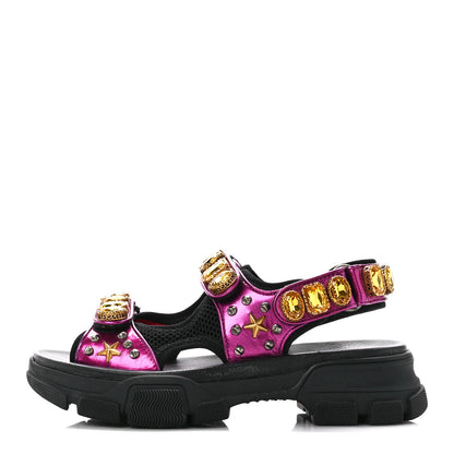 Gucci Nappa Mesh Crystal Embellished Studded Womens Aguru Sandals 38 Pink Black 1 of 10