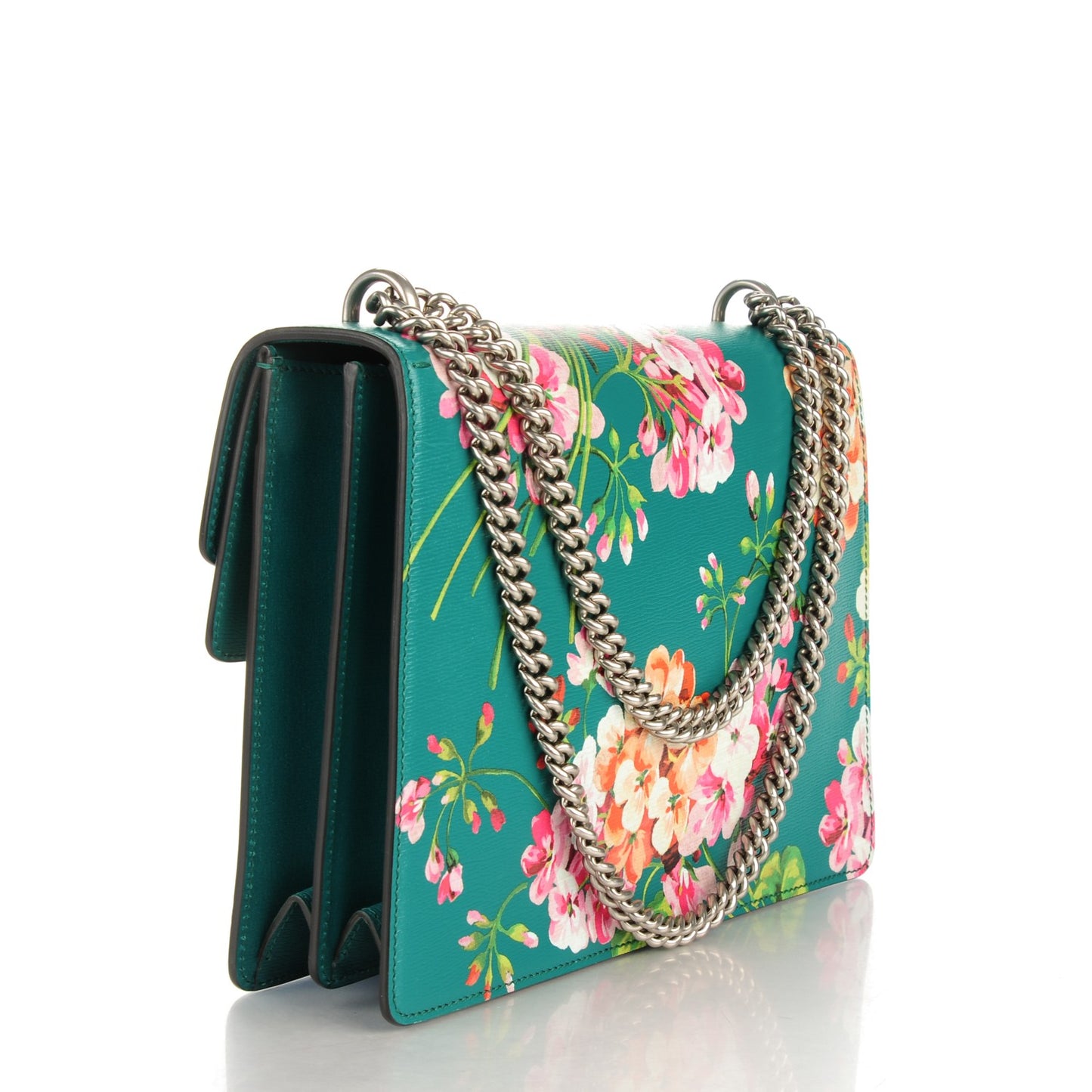 Calfskin Blooms Print Medium Dionysus Shoulder Bag Bright Emerald Multicolor