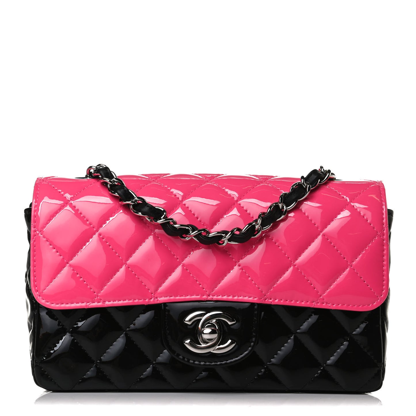 Patent Calfskin Quilted Bi-Color Mini Rectangular Flap Pink Black