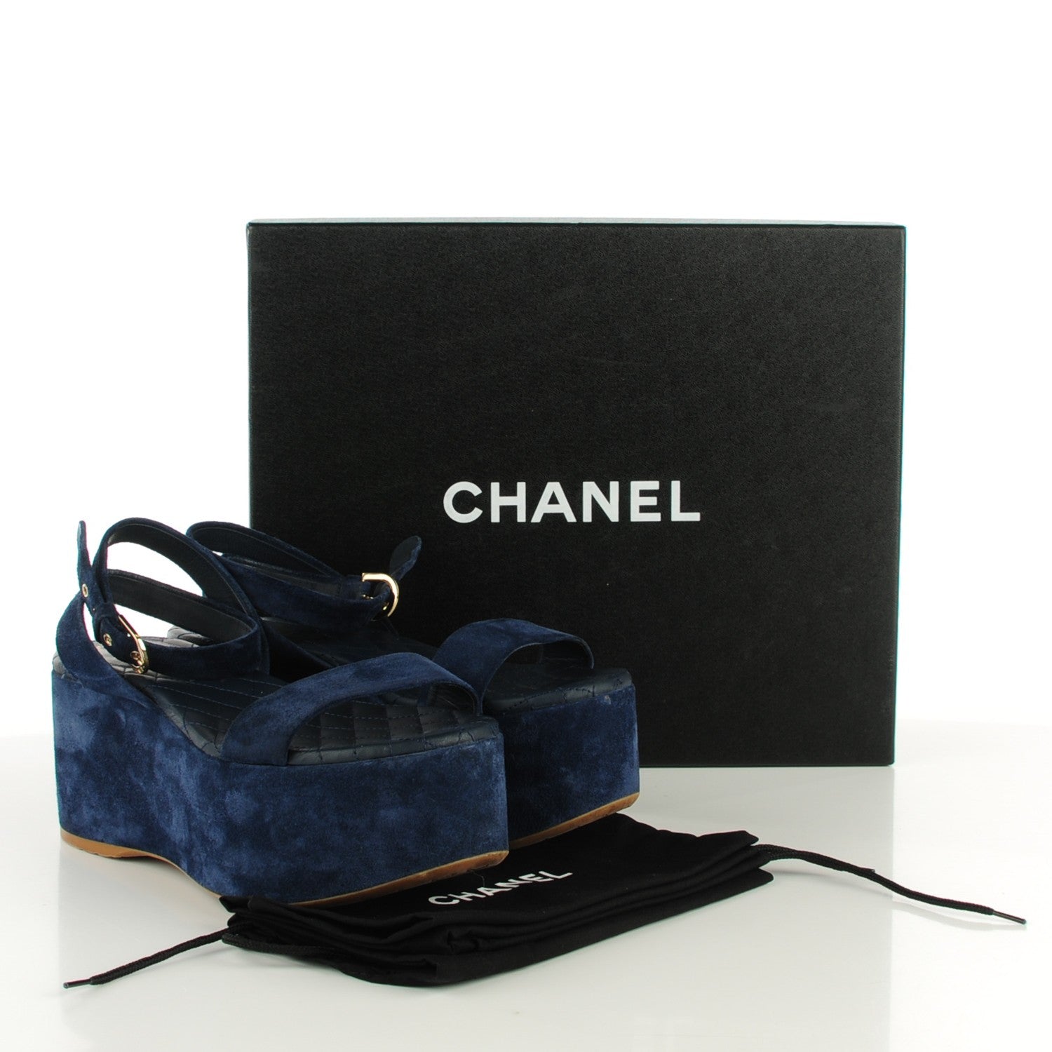 Chanel Suede Calfskin Platform Wedge Sandals 37 Blue 5 of 6