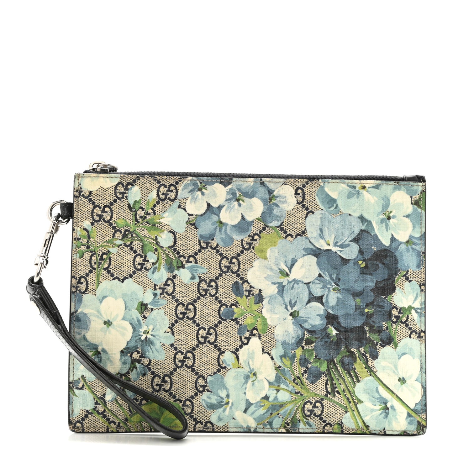 GG Supreme Monogram Blooms Small Zip Wristlet Pouch Beige Blue Black