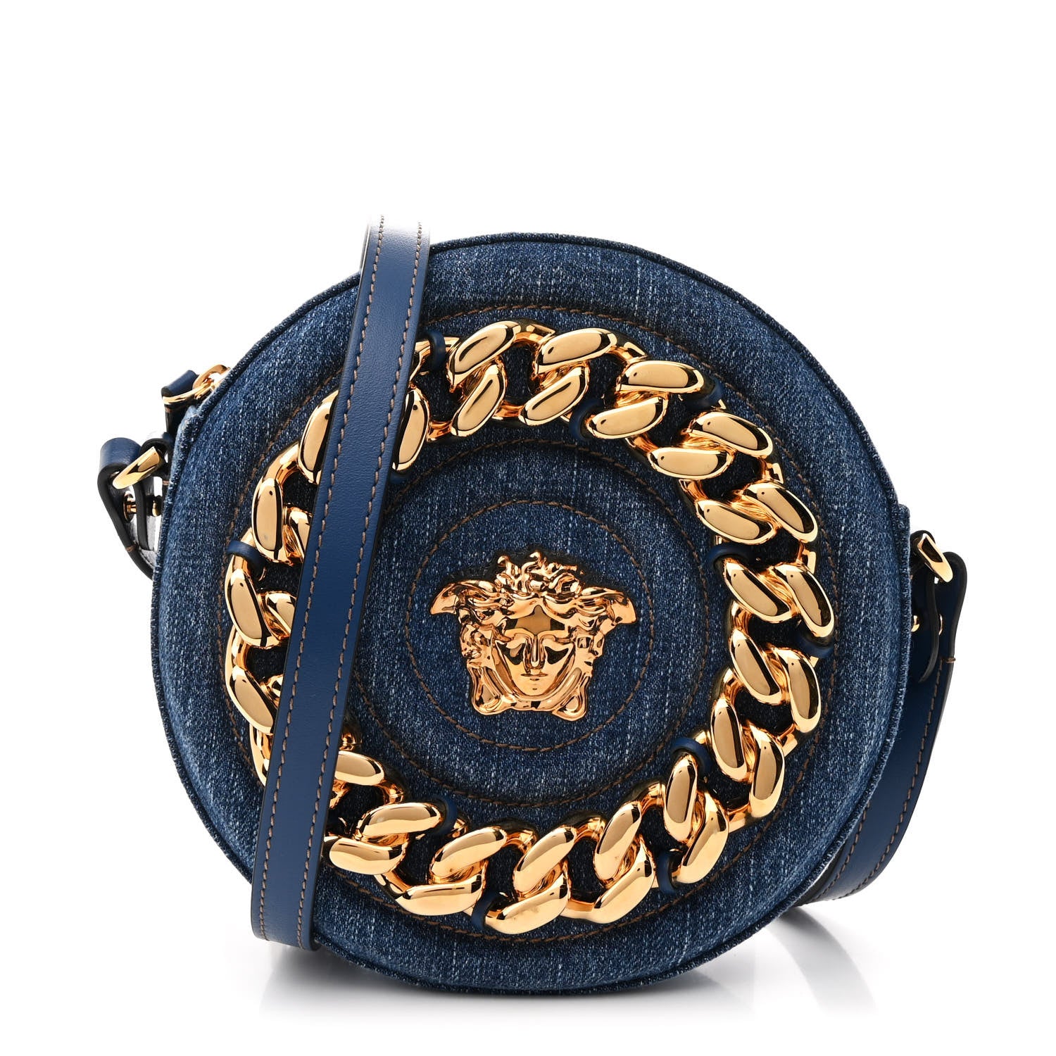Versace Denim Mini La Medusa Disco Round Crossbody Bag Navy Blue 1 of 10