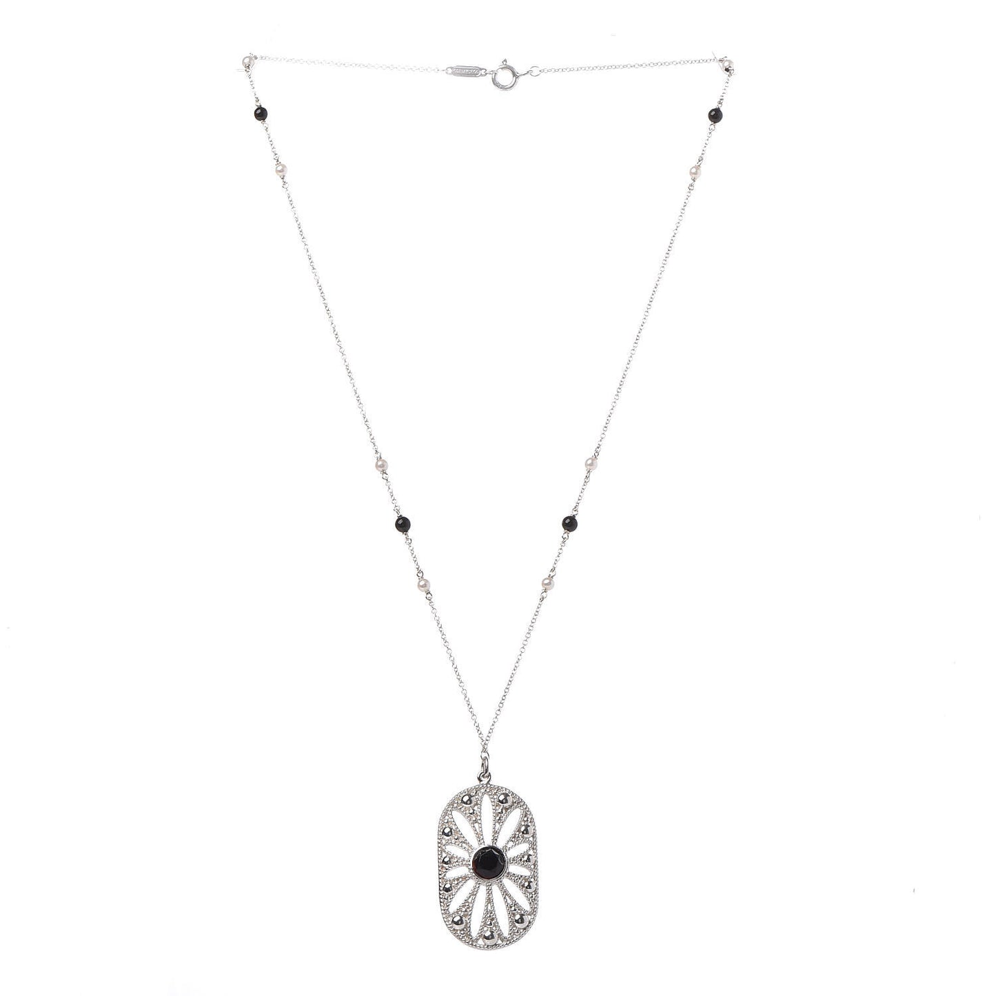 Sterling Silver Black Onyx Pearl Ziegfeld Daisy Pendant Necklace