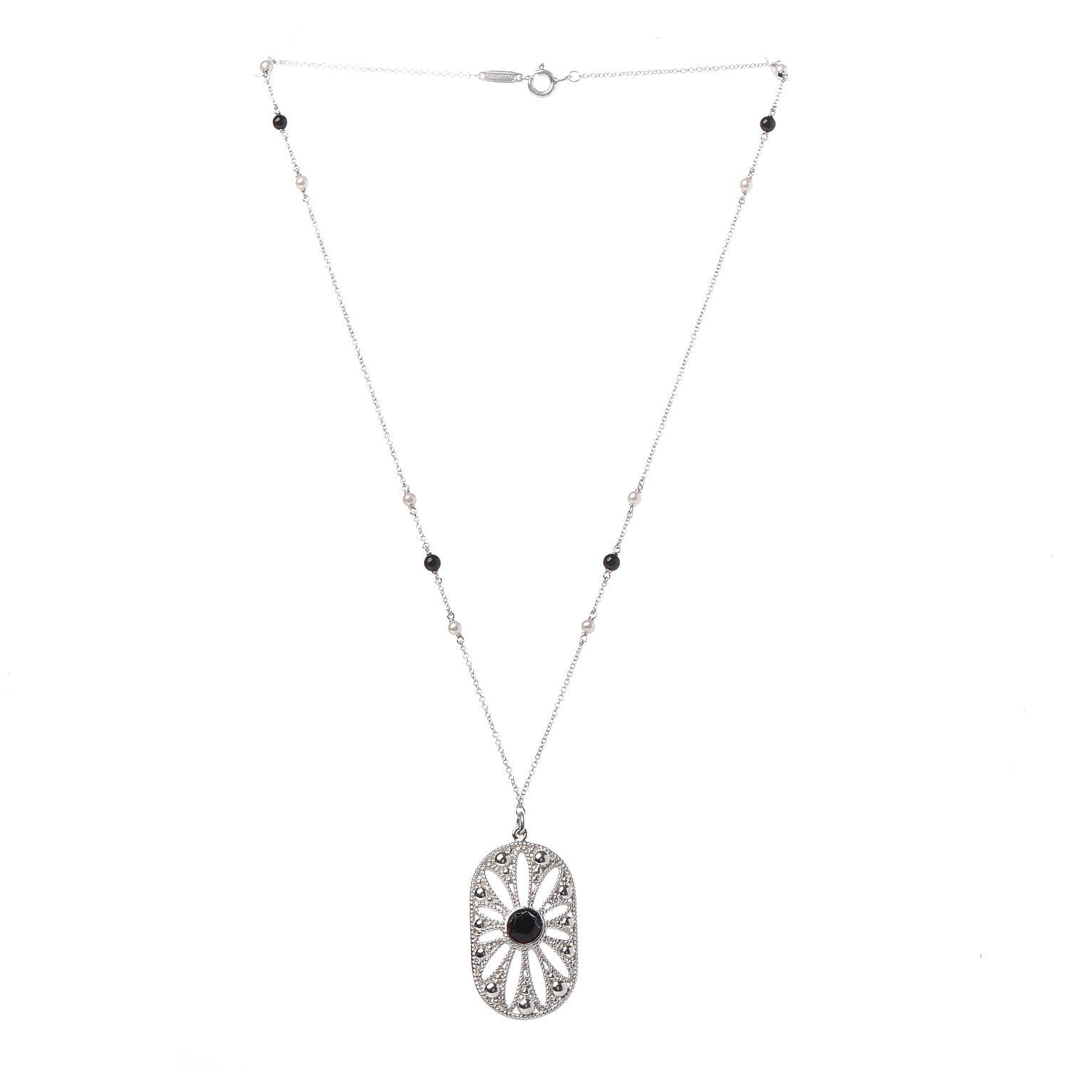 Tiffany Sterling Silver Black Onyx Pearl Ziegfeld Daisy Pendant Necklace 3 of 6